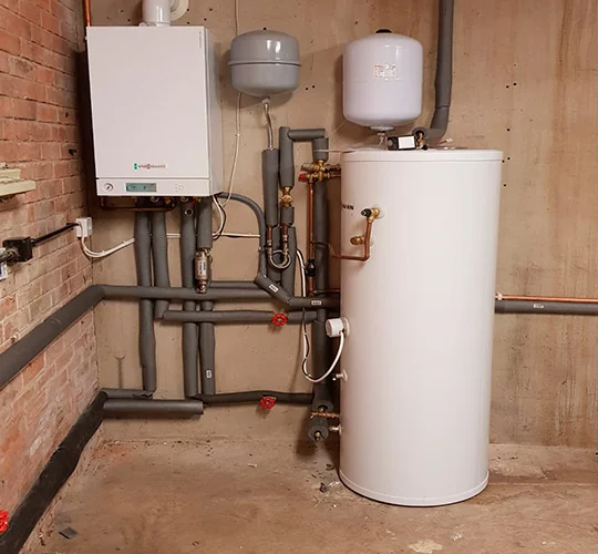 Complete boiler, hot-water cylinder and insulated heating system